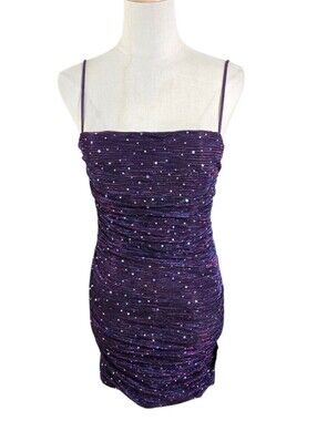 Lulu's Purple Sequin Ruched Mini Spaghetti Strap Dress NWT
